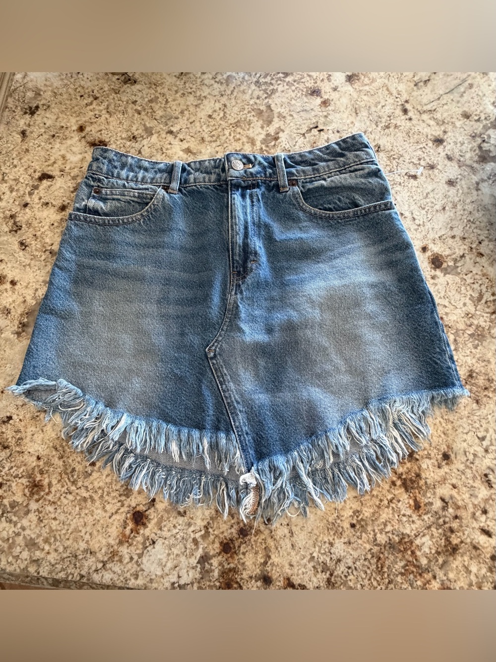 We The Free Bailey Blue Denim Mini Skirt w/Fringed hemline